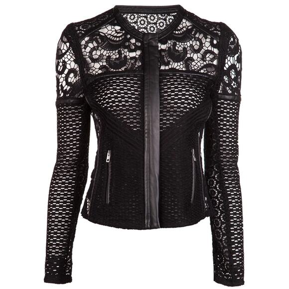 Iro Lewis Black Leather and Lace Crochet Evening Blazer Jacket Women's Size 1 - Picture 2 of 9